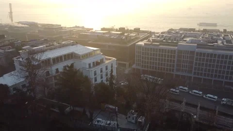 Panoramic views of the dawn in the Bosphorus Bay, the Nusretiye Mosque and the Stock Footage 148048545
