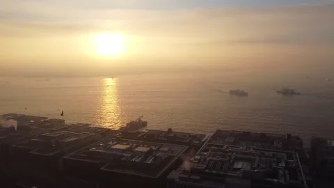 Panoramic views of the dawn in the Bosphorus Bay, the Nusretiye Mosque and the Stock Footage 148048701