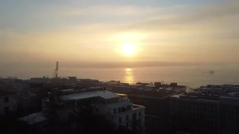 Panoramic views of the dawn in the Bosphorus Bay. Seagulls fly in the frame, no Stock Footage 148150917