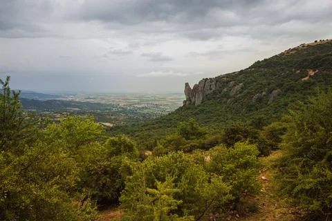 Panoramic views of deciduous forest and mountains of Greece Stock Photos