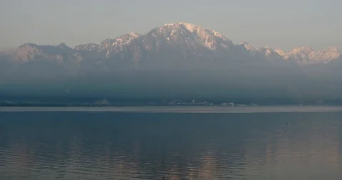 Panoramic views of lake Geneva and the mountain of Le Grammont southern Alps Stock Footage 126144955
