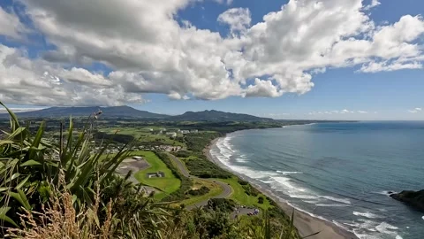 Panoramic Views from Paritutu Rock  Coastal and Pastoral Landscapes Overloo.. Stock Footage 285372624
