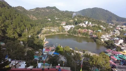 Panoramic views of Rewalsar Lake also know as Tso Pema. Statue of Guru Rinpoche Stock Footage 228822176