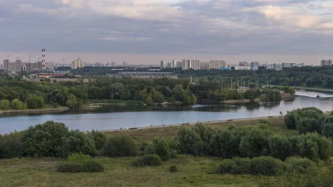 Panoramic views of the river from a high hill,time lapse Stock Footage 93969922
