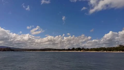 Panoramic views of sandy beach and calm sea. Black Sea coast in Bulgaria, Kiten 스톡 동영상 266844260