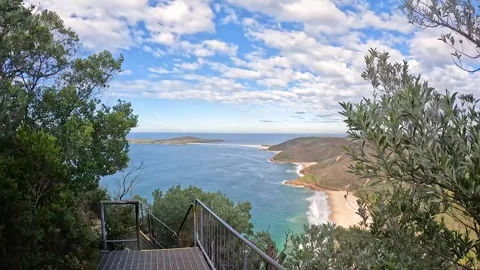 Panoramic views from Tomaree Mountain, overlooking Tomaree National Park an.. Stock Footage 282633654
