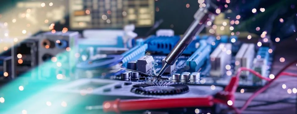 Panoramic web banner of computer motherboard soldering with futuristic glowin Stock Photos