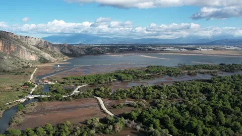 Panoramic wetland ecosystem with forest road mountains and cloudy sky Stock Footage 344094258