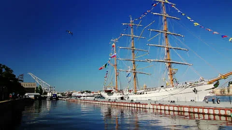 Panoramic of White Three-masted sailing ship Stock Footage 26040325
