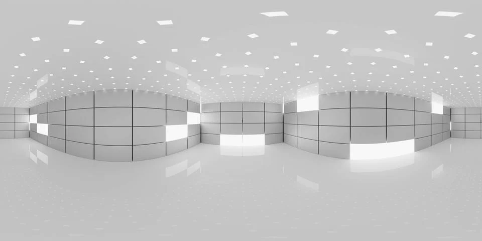 Panoramic white tiled interior with grid lights 360 vr panorama 스톡 일러스트