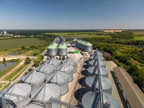 Panoramic Wide Angle Drone View of Extensive Agroindustrial Silo Plant Stock Photos