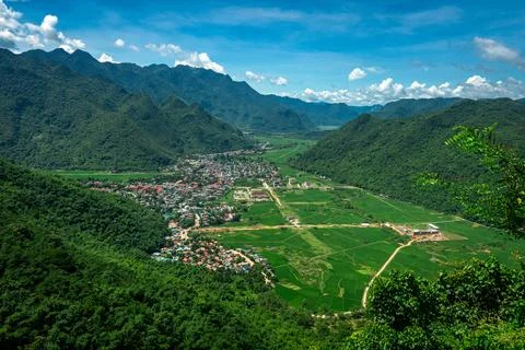 Panoramic Wide Angle View of Mai Chau Valley and Village from High Lookout Stock Photos