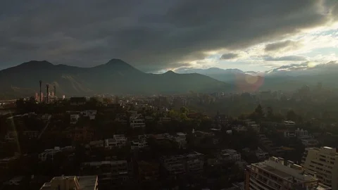 Panoramic wide shot of city buildings at sunset Stock Footage 113246453