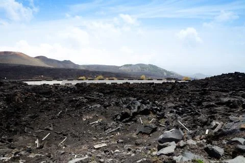 Panoramic wide view of the active volcano Etna on island Sicily, Italy extinct Stock Photos