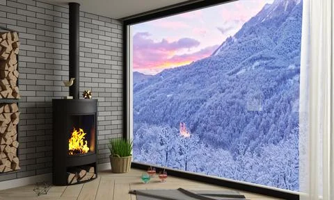 Panoramic window of the hotel in the mountain Stock Illustration