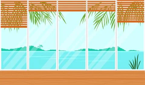 Panoramic window with jalousie. Interior of empty room with a view to ocean.. Illustrazione stock