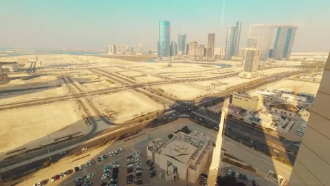 Panoramic window view to high buildings in deserted city Sharjah district. .. Vidéo 226457134