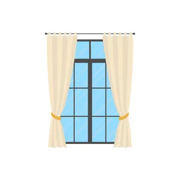 Panoramic window with a white curtain. Isolated. Flat style. Stock Illustration