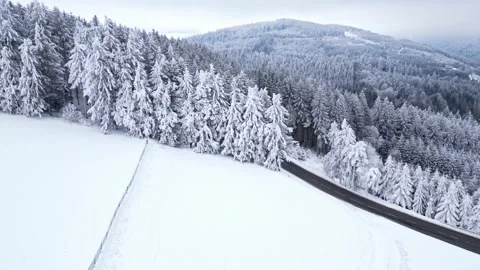 Panoramic winter drone view of the mountains in the forest. Asphalt road Video stock 231906292