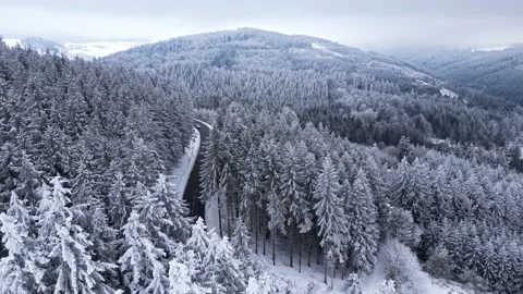 Panoramic winter drone view of the mountains in the forest. Asphalt road Vídeo Stock 231906699