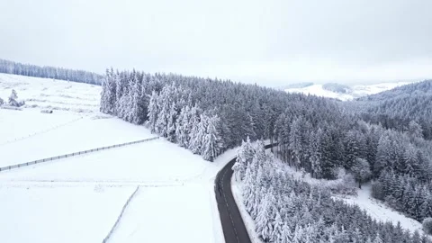 Panoramic winter drone view of the mountains in the forest. Asphalt road Vídeo Stock 231906935