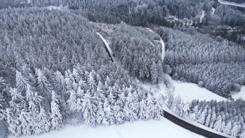 Panoramic winter drone view of the mountains in the forest. Asphalt road Video stock 231907220