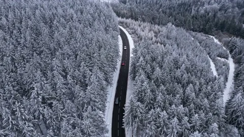 Panoramic winter drone view of the mountains in the forest. Asphalt road Stock-Footage 231907322