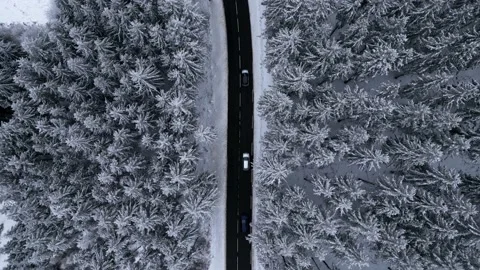 Panoramic winter drone view of the mountains in the forest. Stockbeeldmateriaal 232411273