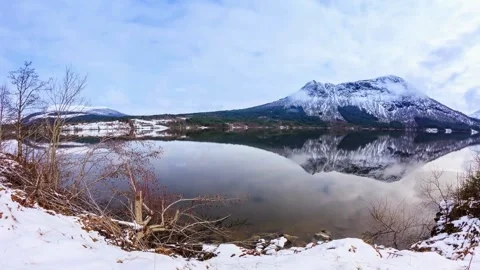 Panoramic Winter Lake Reflection of Snow-Capped Mountain Stock Footage 310376295