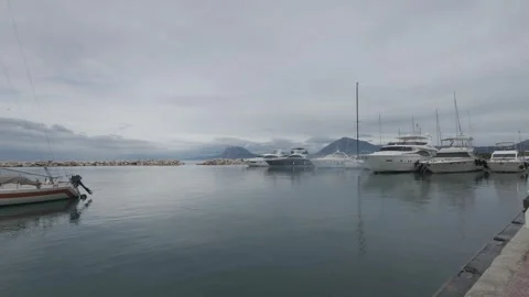 Panoramic Winter Marina With Boats Under Heavy Cloudy Sky Stock Footage 338104945