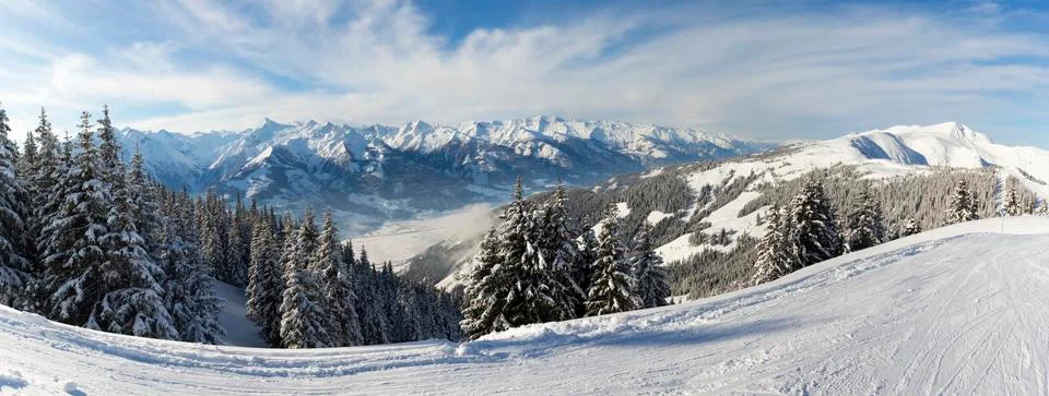 Panoramic Winter View of Austrian Alps Seen From The Ski Slopes of Zell Am See Stock Photos
