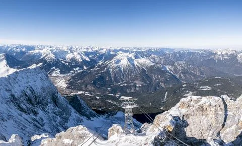 Panoramic winter view of the snow-covered Zugspitze plateau and Austrian Alps Stock Photos