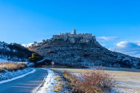 Panoramic winter view of Spis Castle in Slovakia Stock Photos
