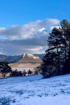 Panoramic winter view of Spis Castle in Slovakia Stock Photos
