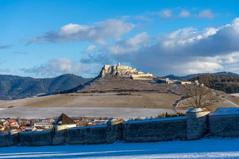 Panoramic winter view of Spis Castle in Slovakia Stock Photos