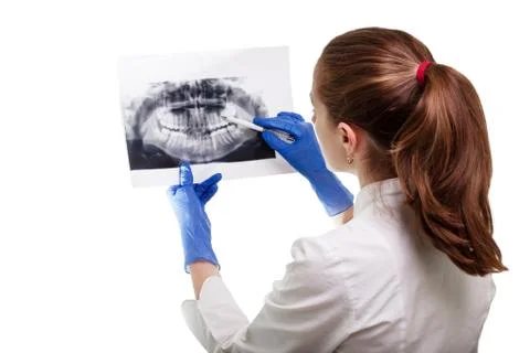 Panoramic x-ray image of teeth in hands of dentist. The doctor - dentist wome Stock-Fotos
