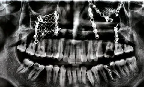 Panoramic X Ray shows multiple plates, screws for maxillary fixation of a f.. Foto stock