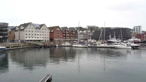 Panoramical view of ships in the docks of the port of Tromso in Norway Stock Footage 209807879
