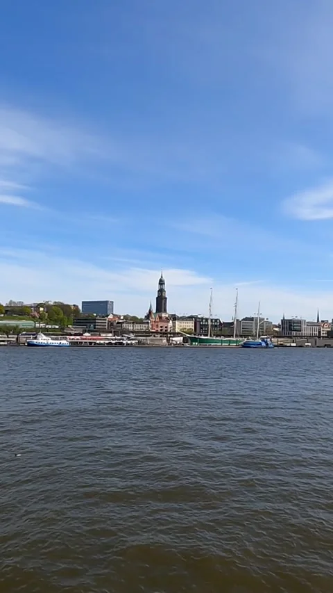 Panoramically view over river Elbe to Hamburg, Germany. Video stock 241264591