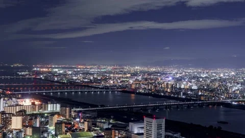 PanRight Osaka City Night View Timelapse, High Angle Overview and Road Traffic Stock Footage 334558057