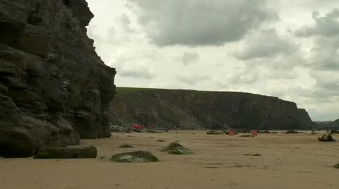 Pans of a surfing beach in cornwall Stock Footage 21981589