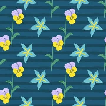Pansy heartsease spring pattern design on striped background Stock Illustration