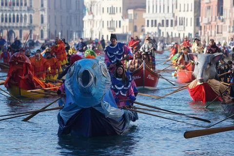 Pantegana Regatta kicks off Venetian Carnival 2024, Venice, Italy - 28 Jan 2024 Stock Photos