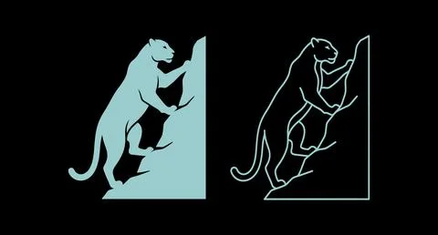 Panther climbing on a rock cliff in solid and line art illustration style Stock Illustration