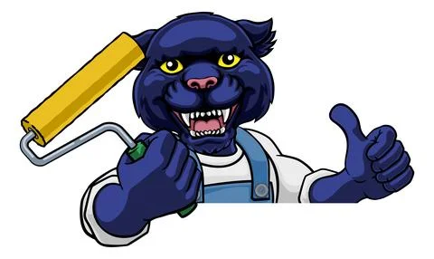Panther Painter Decorator Paint Roller Mascot Man Stock Illustration