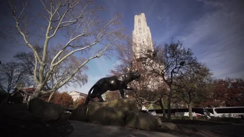 Panther Statue Cathedral of Learning Oakland Fall Winter Sunny Slider 4K 6 Stock Footage 137558764