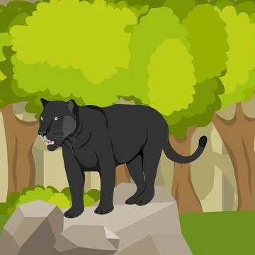 Panther on a stone against a forest, a predator. Panther icon Stock Illustration