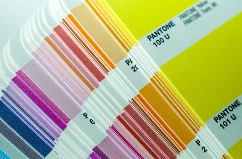 Pantone system. Color samples. Color palette. Cardboard cards with a sample and Stock Photos