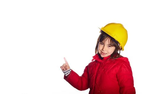 Paoramic format 4 year old girl smiling pointing a finger up towards a blank  Stock Photos