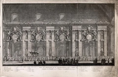 A papal procession inside St. Peter's for the occasion of the canonisation .. Stock Illustration
